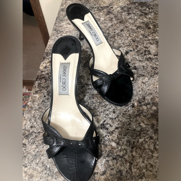 Jimmy Choo Black Leather Heeled Sandal Slides - Picture 2 of 6